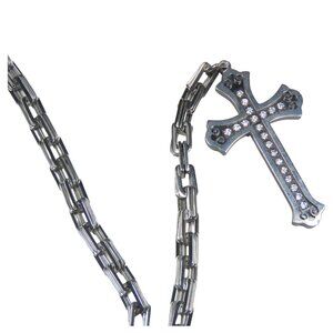 Inox Stainless Steel Polished Chain Cross Pendant with CZ Accents